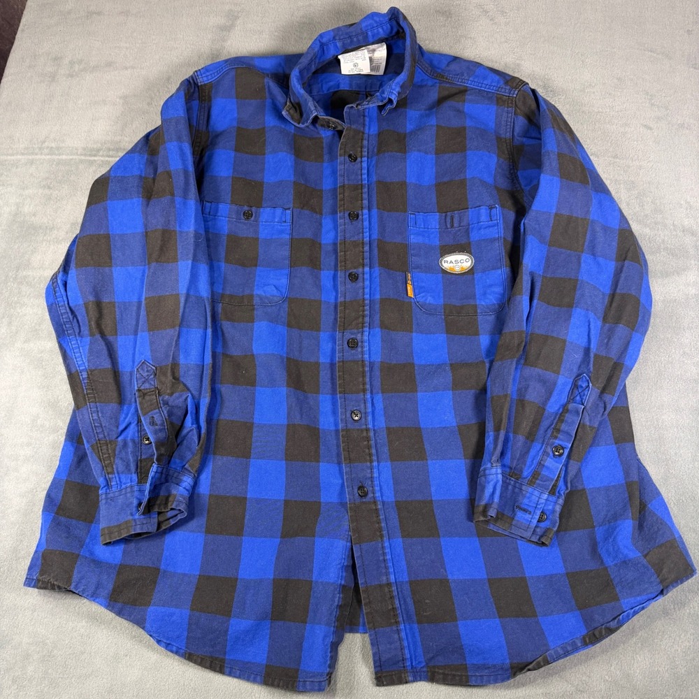 Rasco FR Flame Resistant Work Shirt Mens XXL Long Blue Black Plaid PBB765 CAT 2